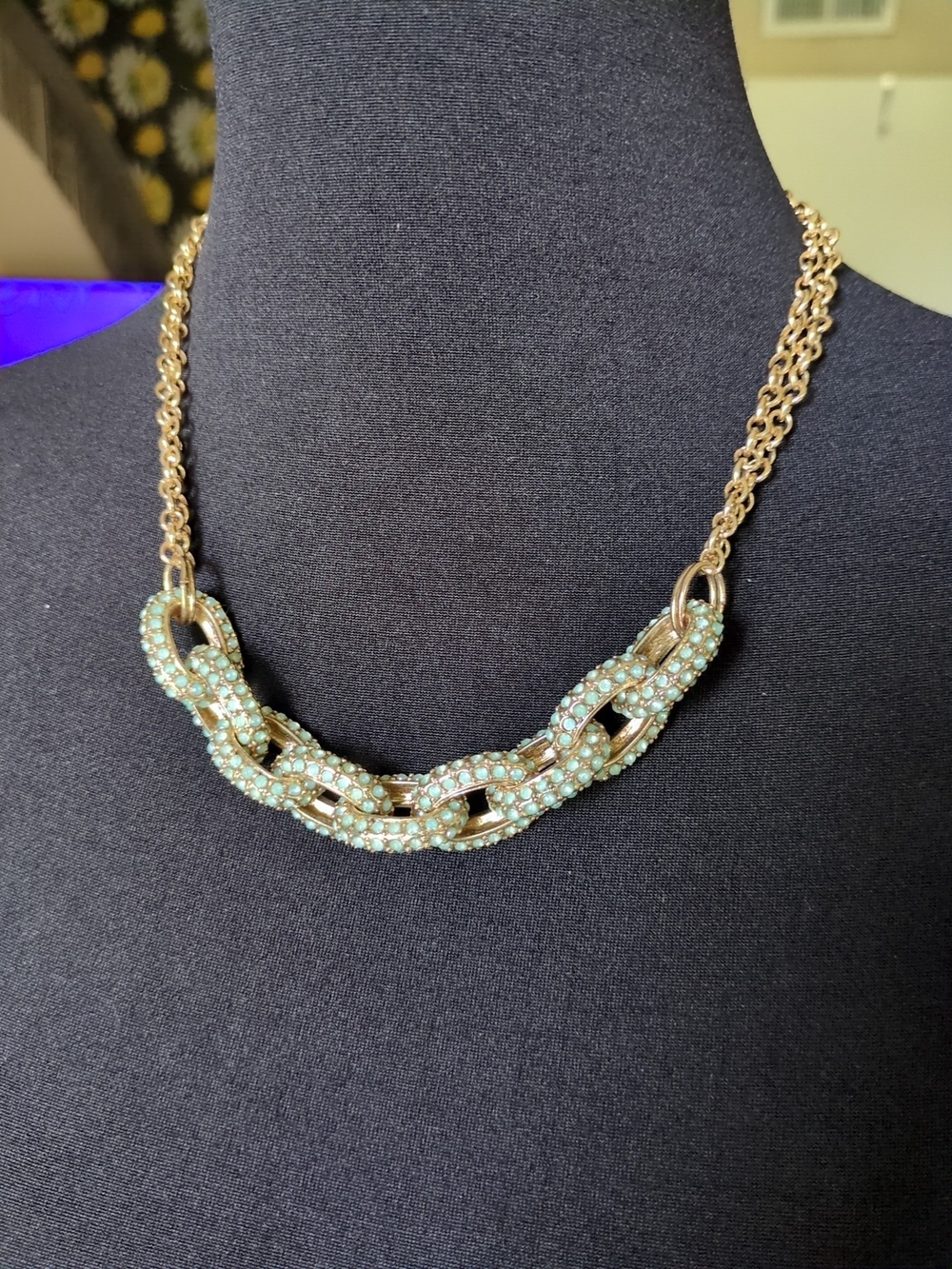 Gold Chain-Link Necklace with Mint Green Crystals - Women Jewelry